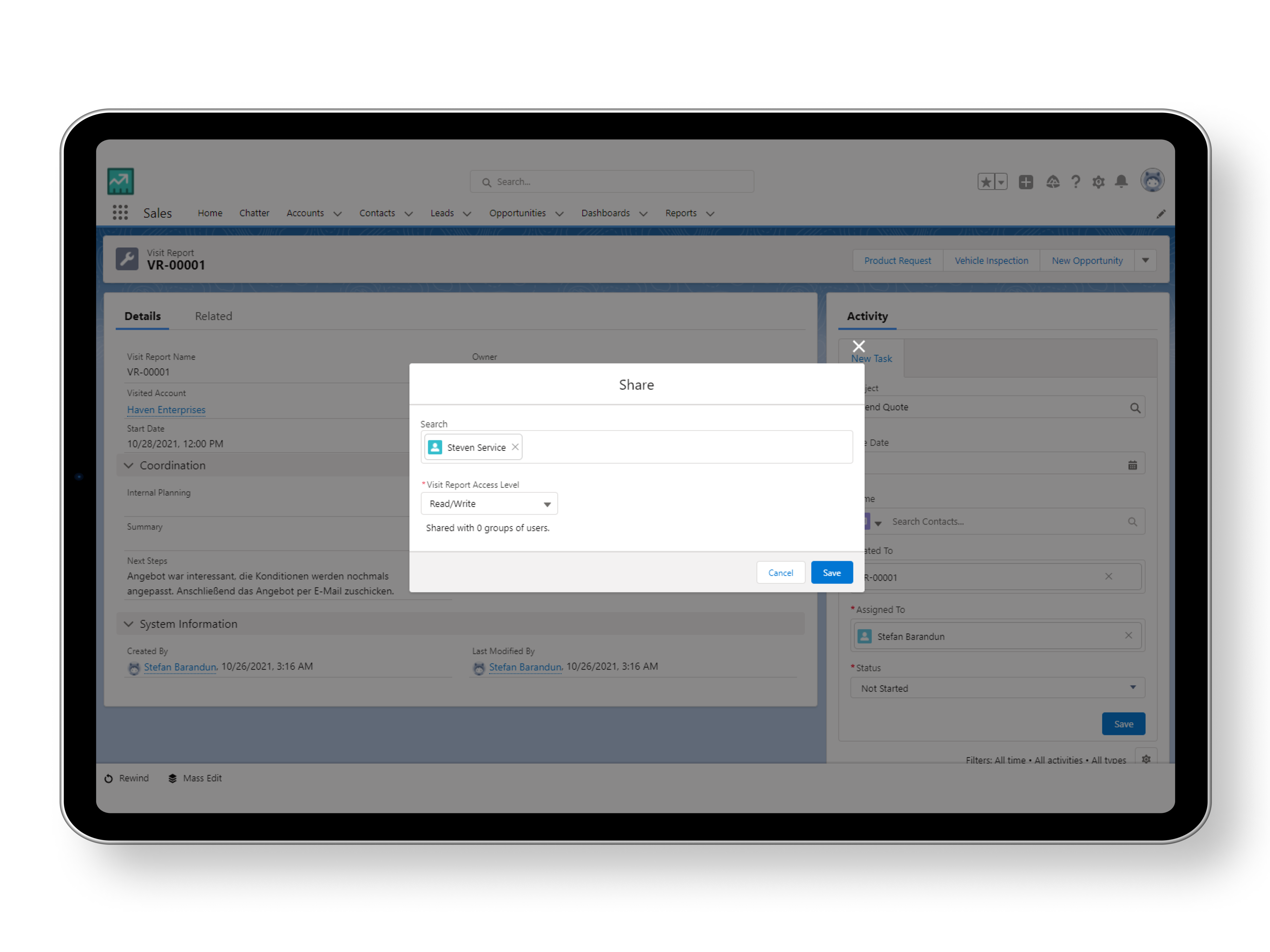 Screenshot eines Screenflows in Salesforce, mit dessen Hilfe ein bestehender Besuchsbericht mit Kontakten geteilt wird. Zusätzlich können Lese- und Bearbeitungsrechte vergeben werden