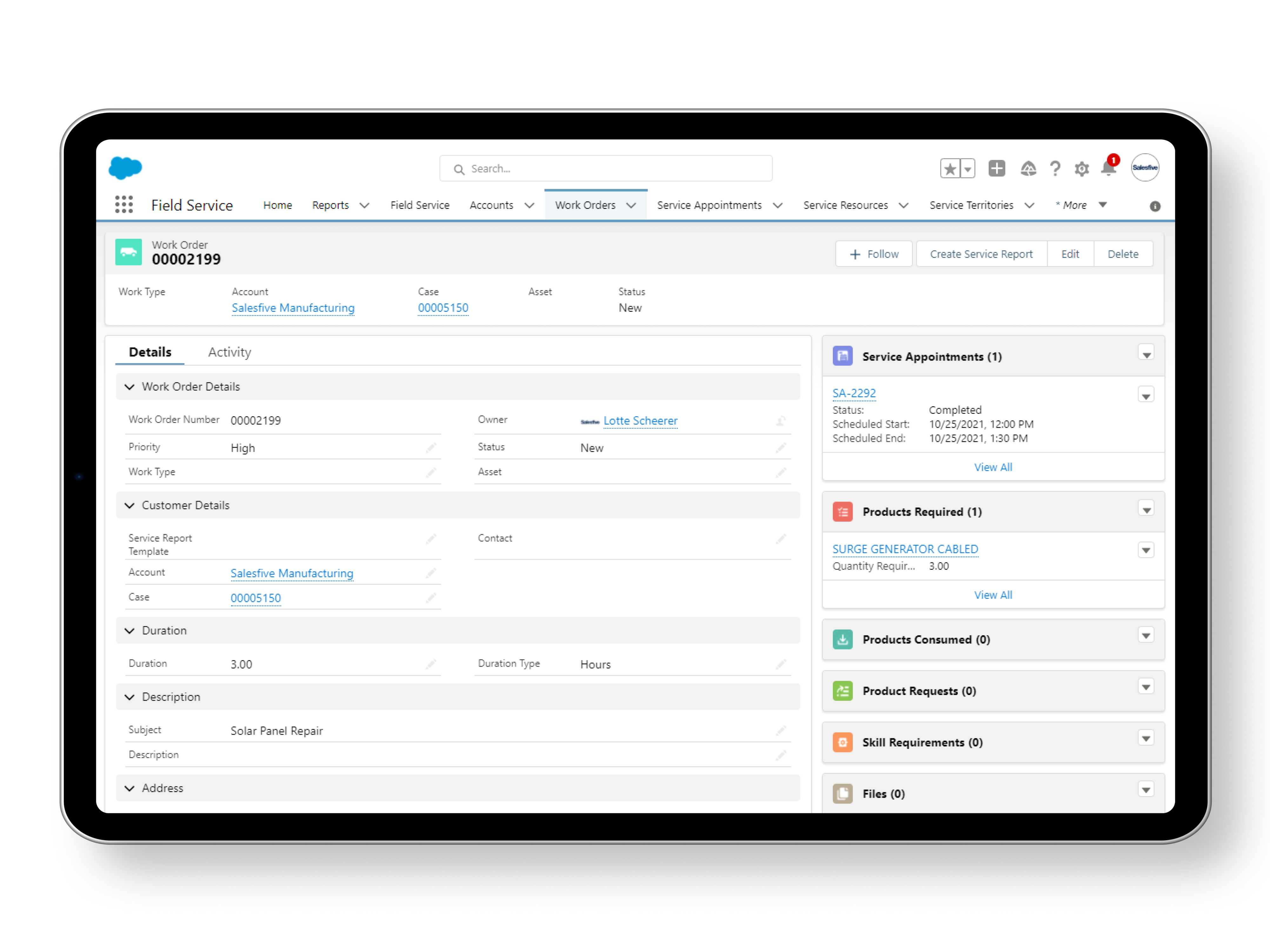 Screenshot of the Field Service Lightning environment. You can see a button with which you can create a new service report