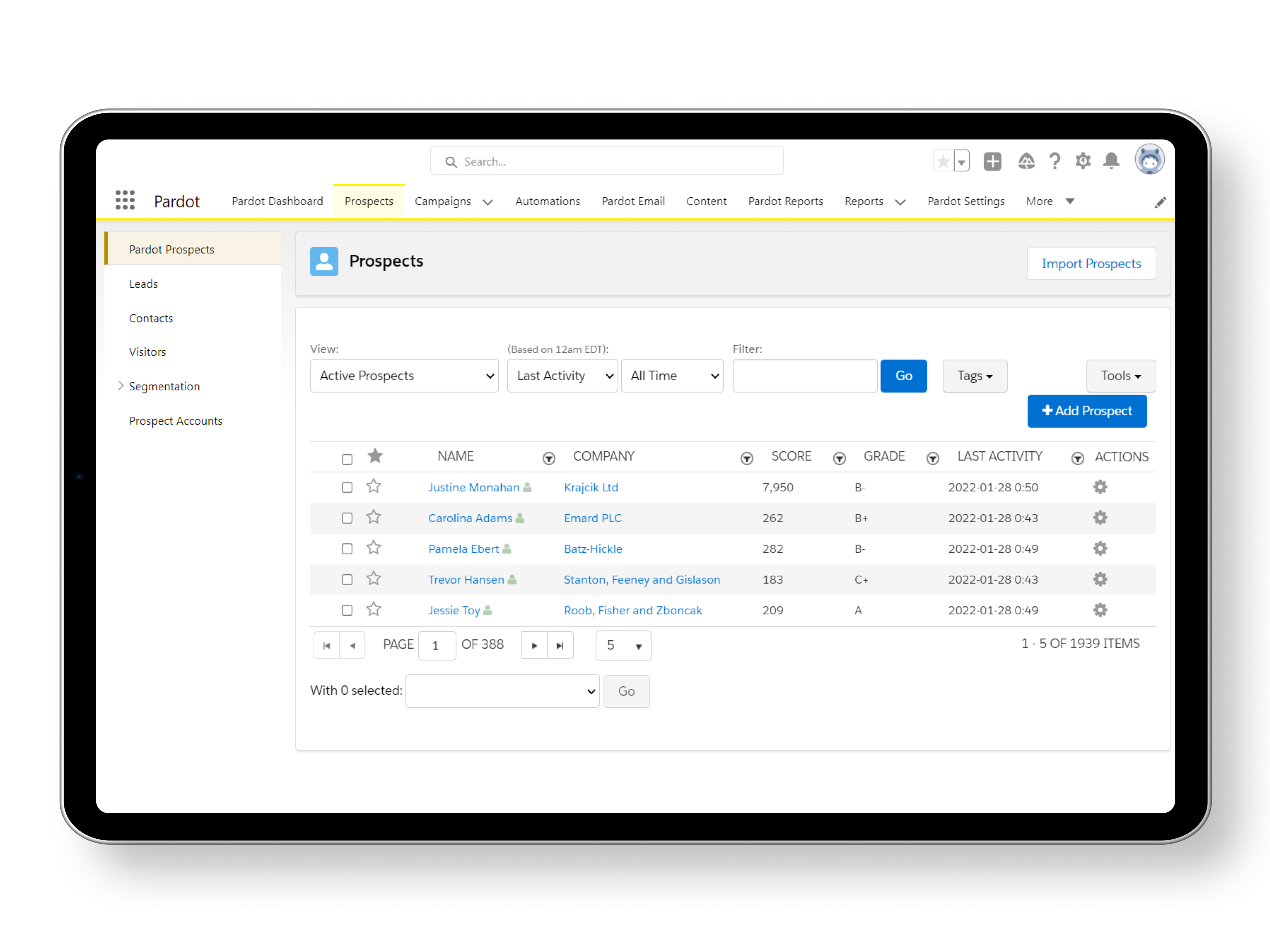 On the screenshot of the Pardot interface, a prospect list can be seen, which contains information about the associated company, the Pardot score and grade, and the last activity. 