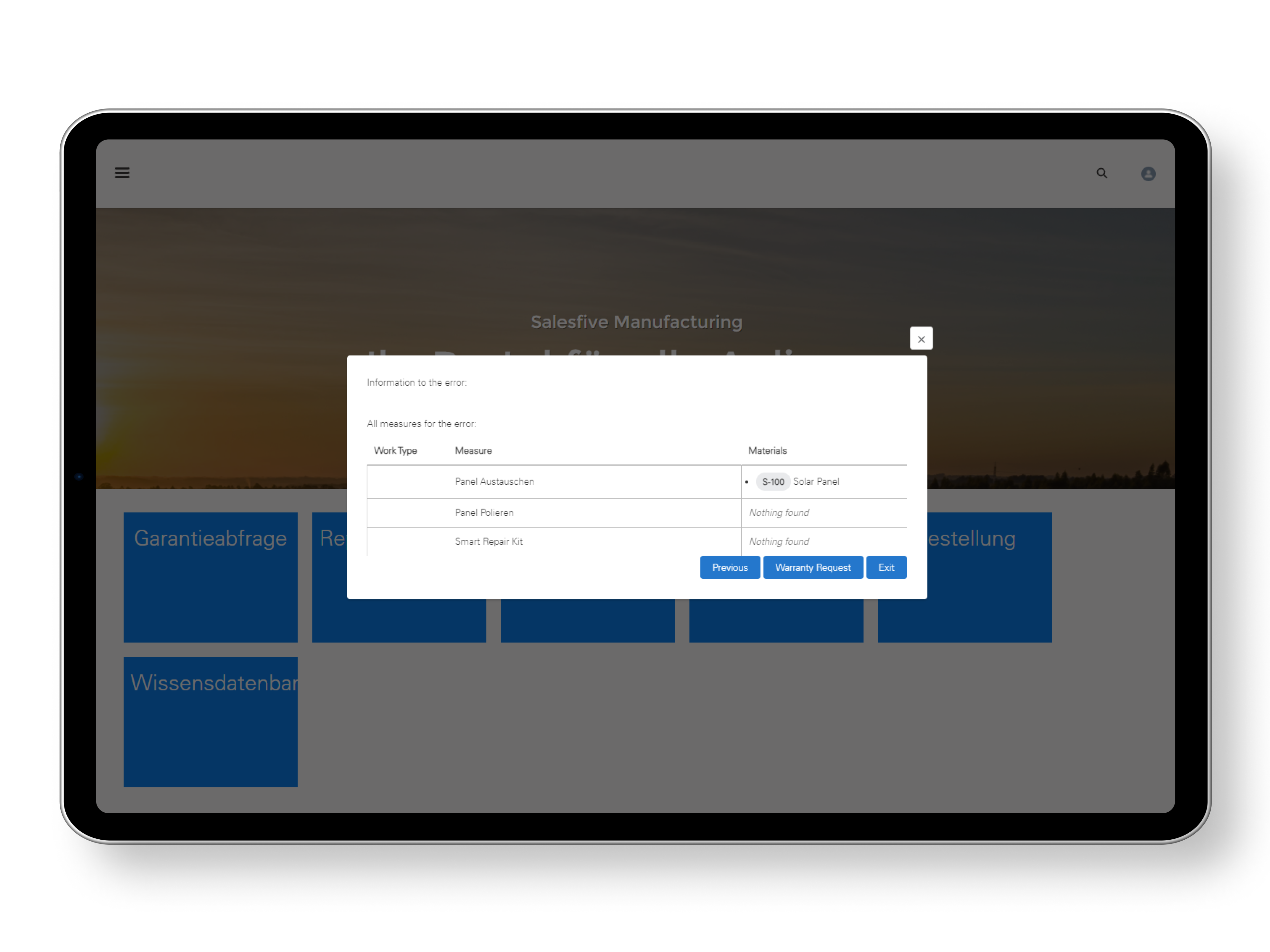 Screenshot of a landing page showing which repair measures are necessary for a specific error.