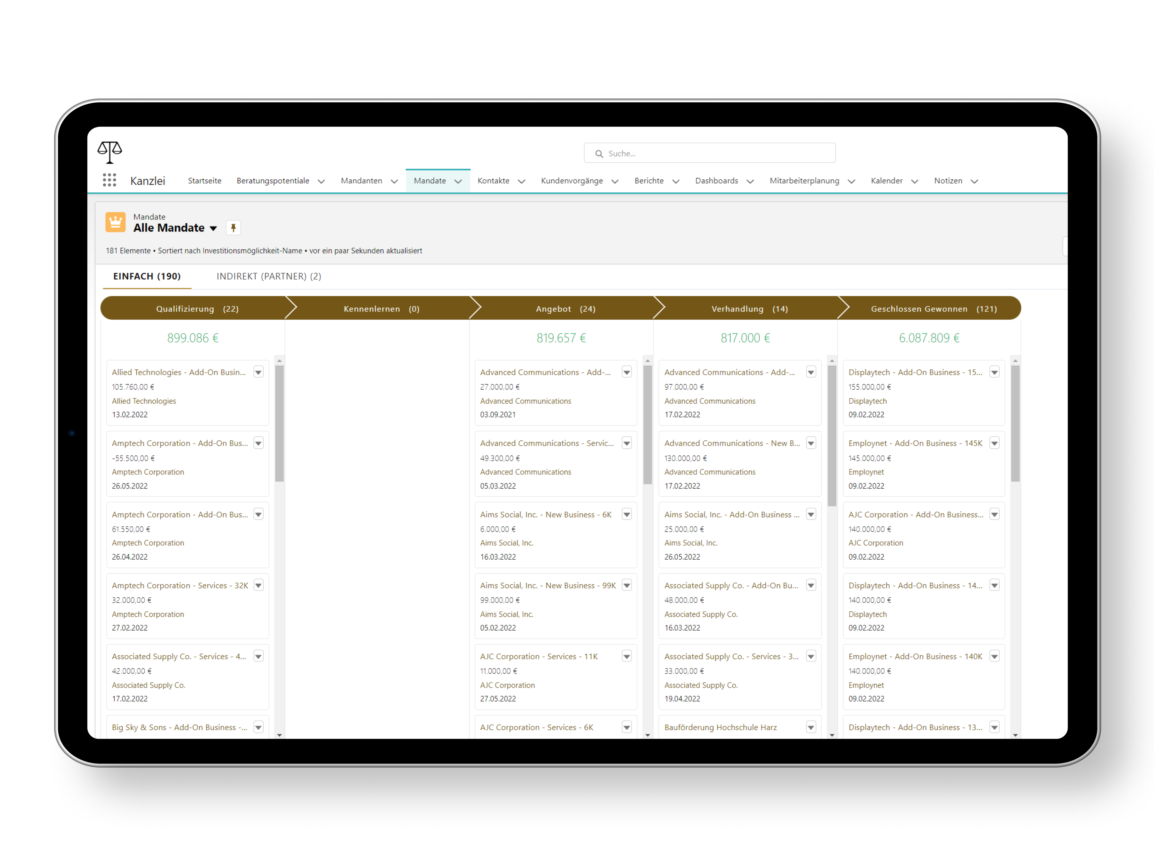 Screenshot of the Salesforce screen, which clearly displays all mandates along the sales phases. 