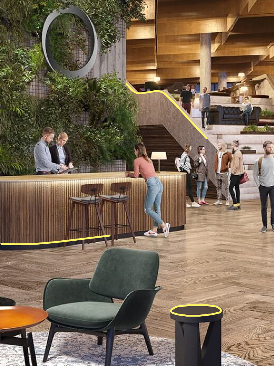 Leute stehen am Empfang von einem modernen und schönen Bürogebäude