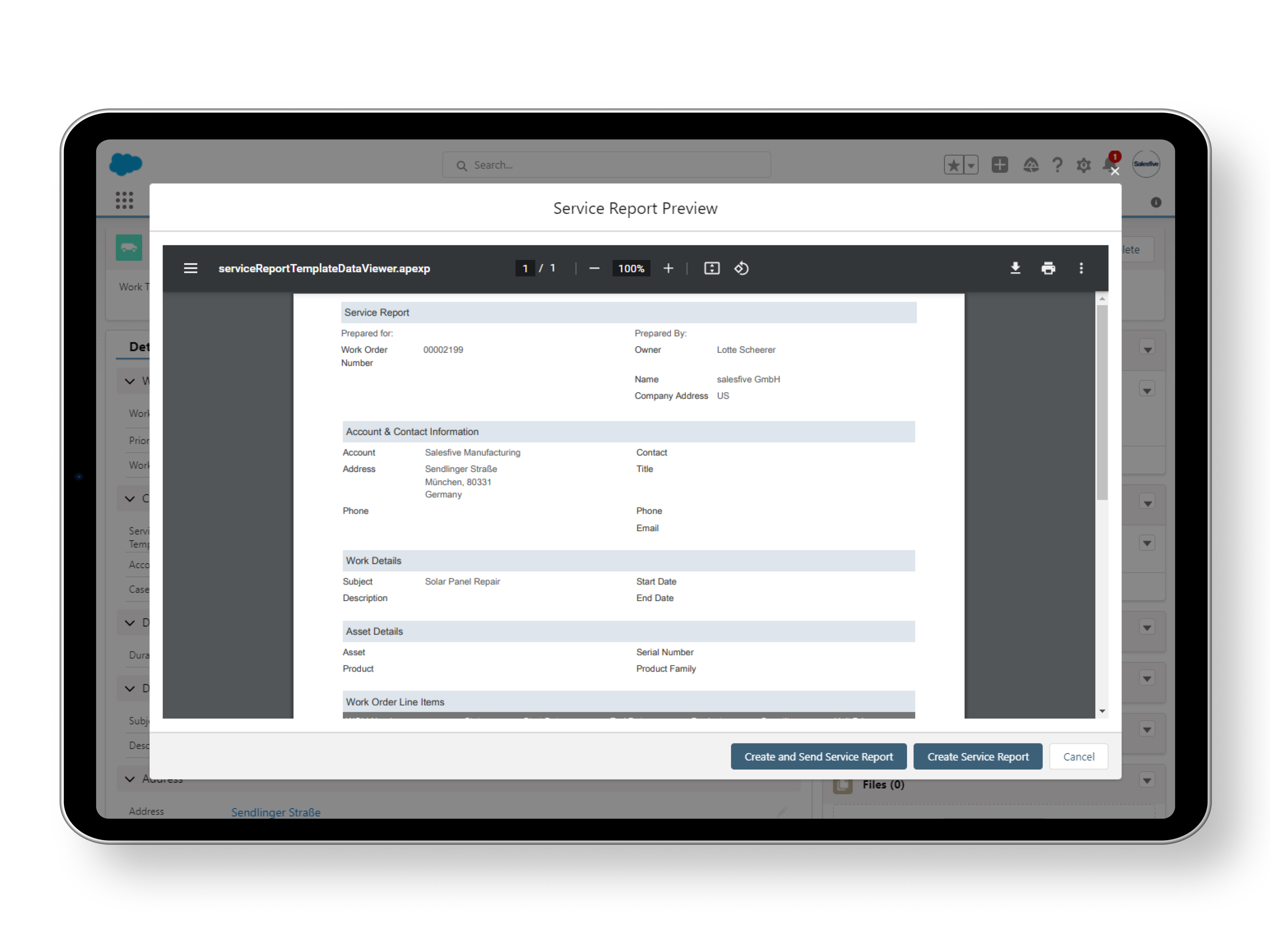 Screenshot of a PDF view showing a completed service report.