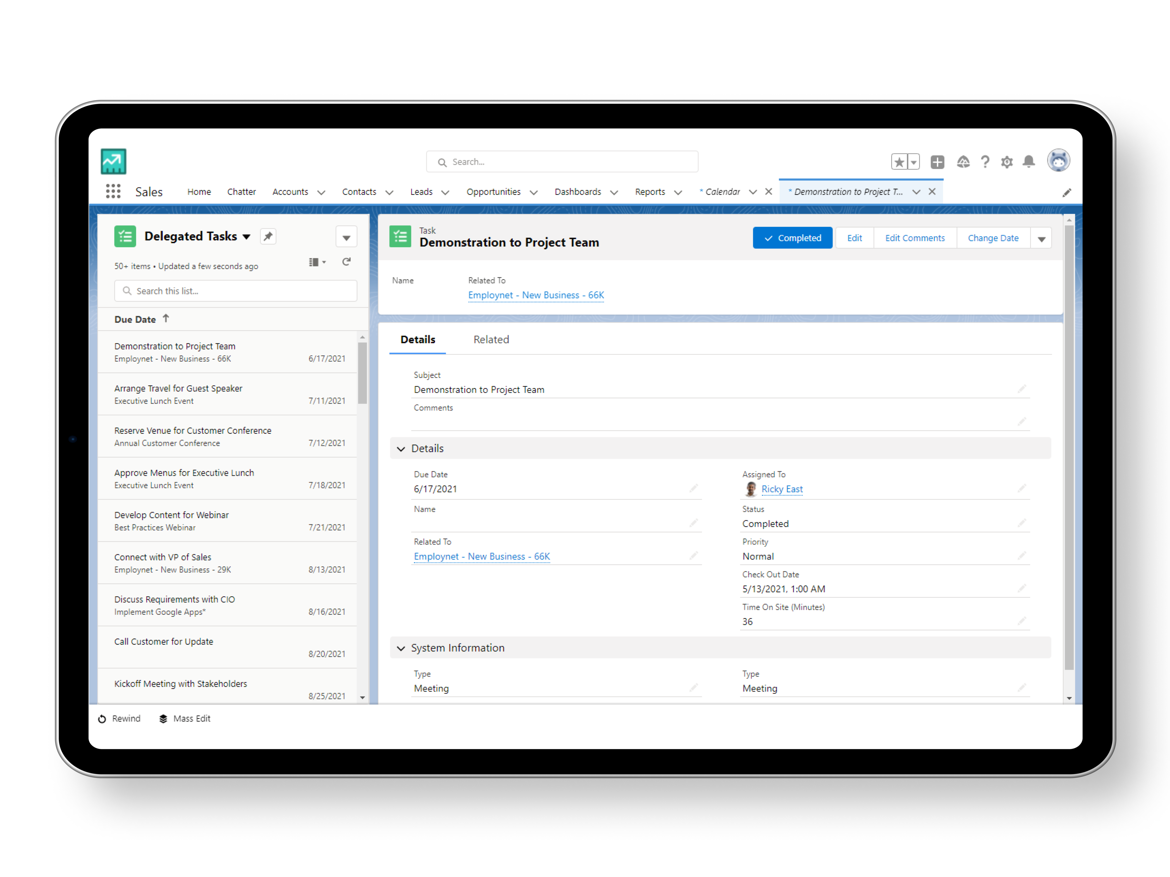 Screenshot of delegated tasks and the task details in Salesforce. 