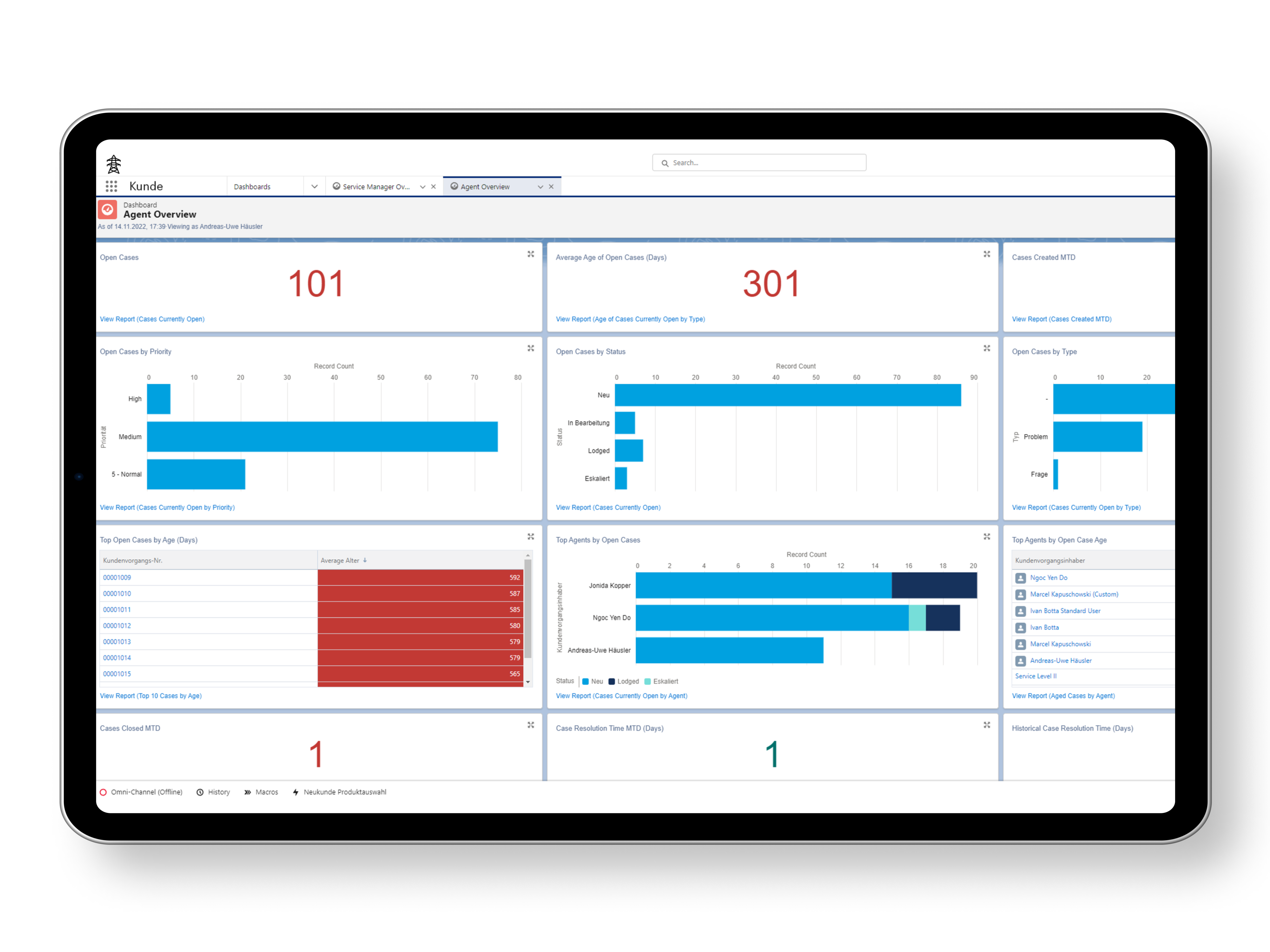 The screenshot shows a Salesforce dashboard with visualizations of different KPIs in the customer service area. Examples are number of open cases, grouping of open cases by priority & status, TOP cases, TOP agents.