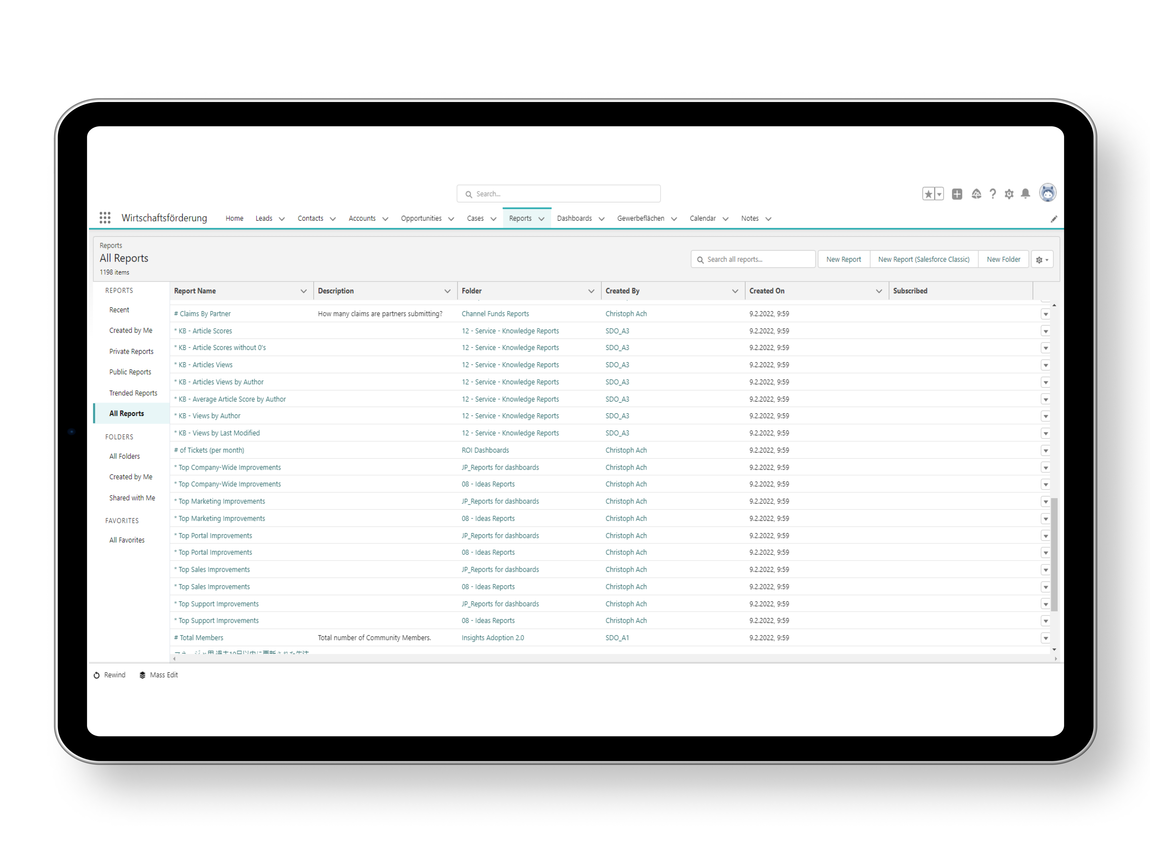 Screenshot of the Salesforce screen listing various reports.