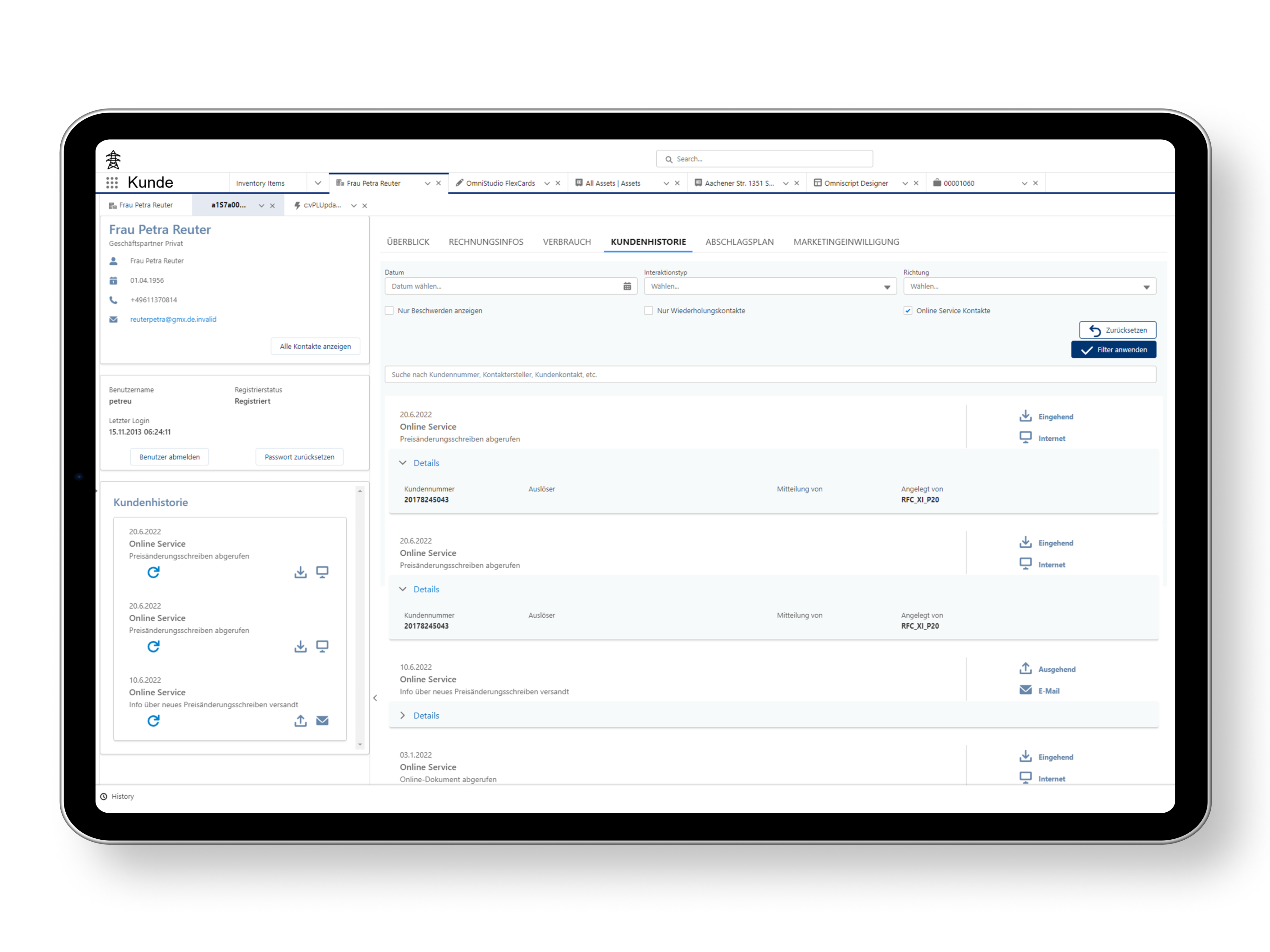 The Salesforce interface shows the page layout of an end customer with the customer history tab open. Various customer activities such as retrieving a change letter or sending pricing information are listed. 