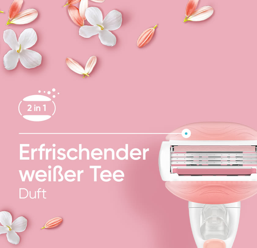 Diese Rasierklingen für Frauen enthalten erfrischende Gelkissen mit Duft nach weißem Tee