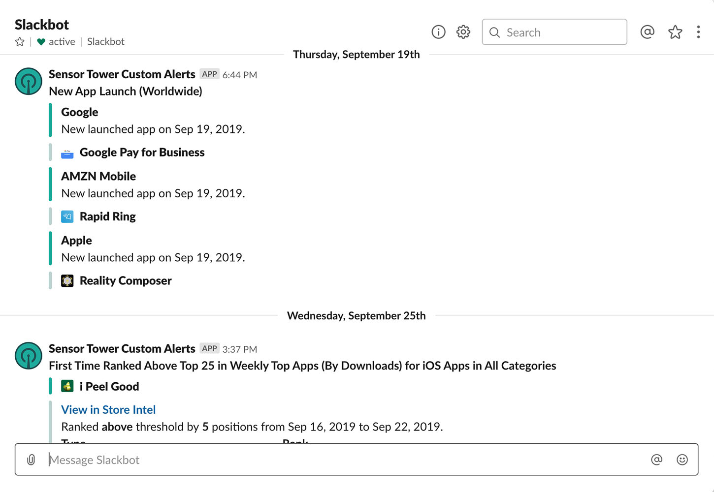 Sensor Tower Slack Integration Example