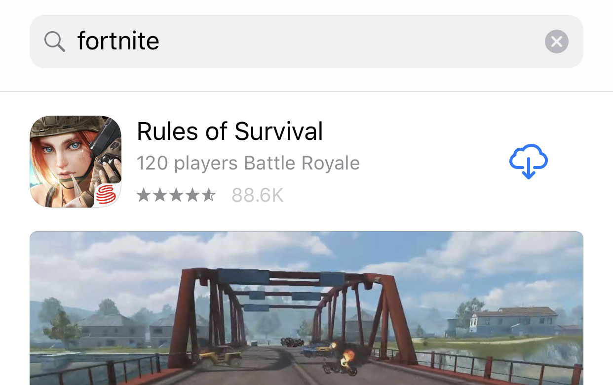 Screenshot of App Store search results for keyword fortnite