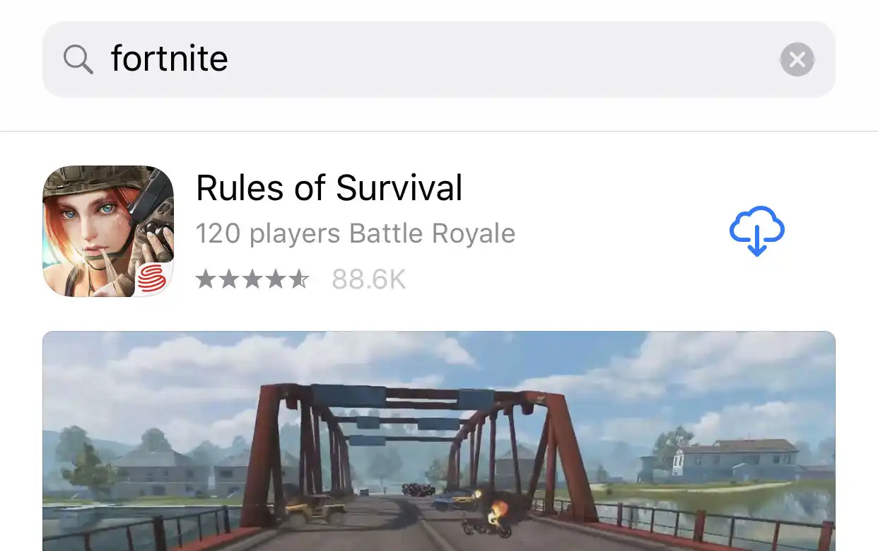 Screenshot of App Store search results for keyword fortnite