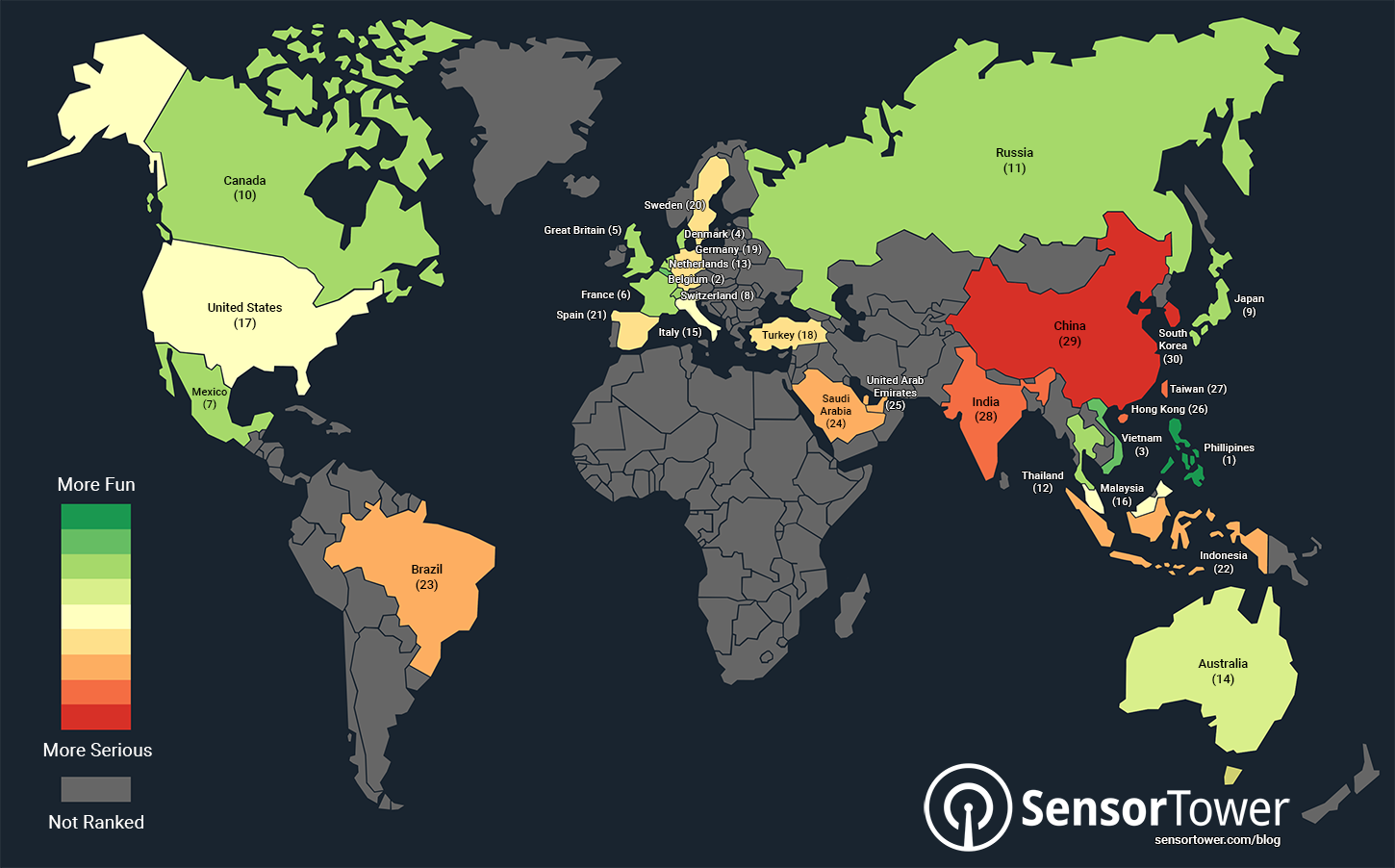 World Heat Map Based on Fun to Serious App Download Ratios