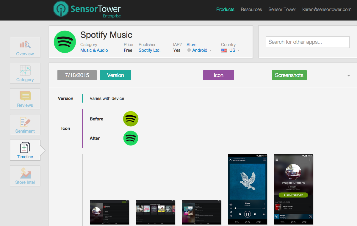 lt="Screenshot of Sensor Tower's Update Timeline Feature Showing Recent Updates to the Spotify Icon