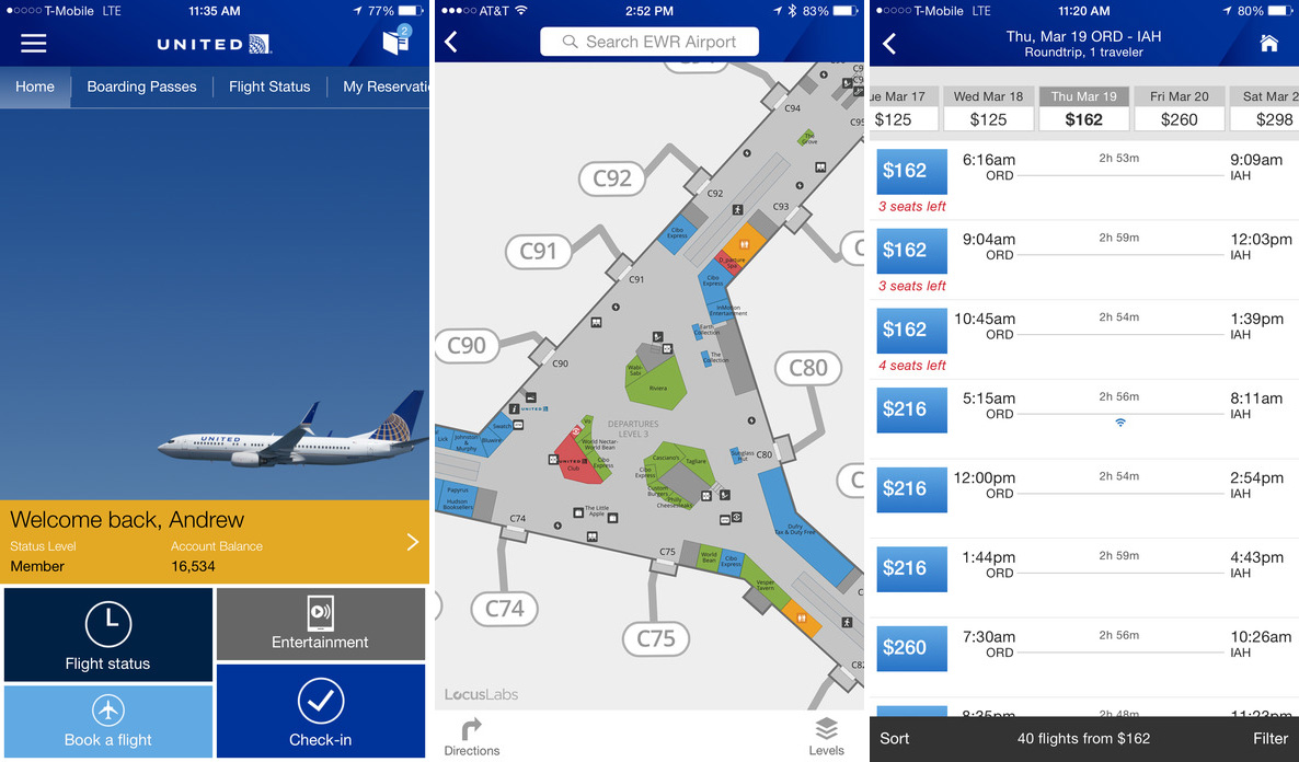 Screenshots of the United app for iOS