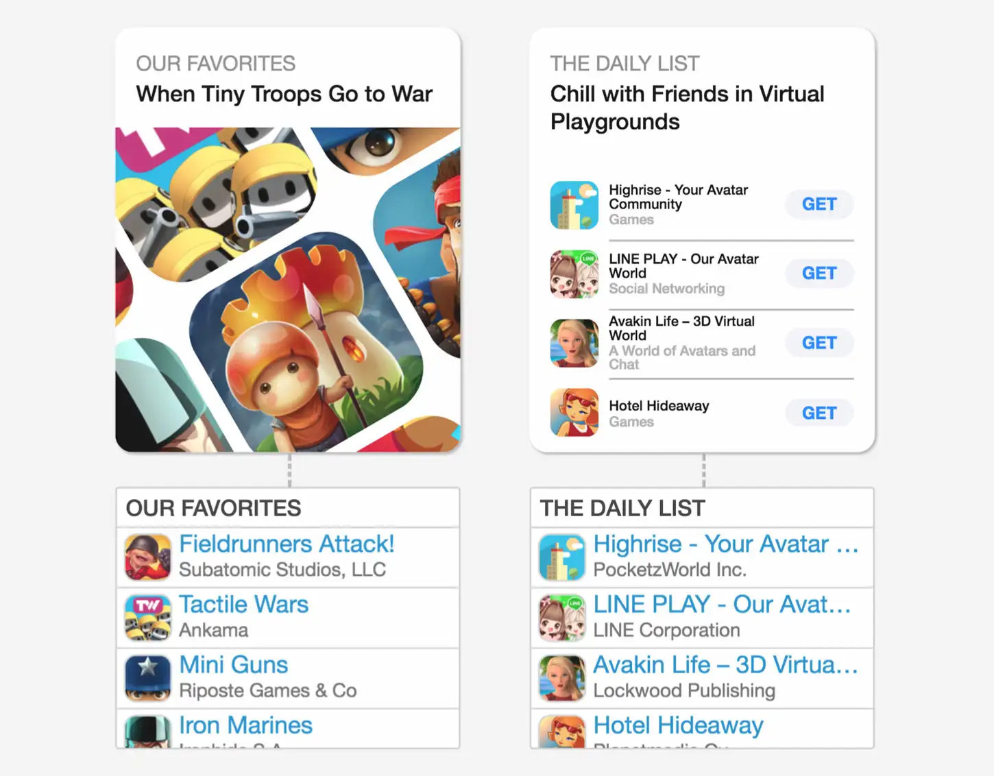 Example Featured Today cards showing Our Favorite and The Daily list from Apple's iOS 11 App Store Today feed