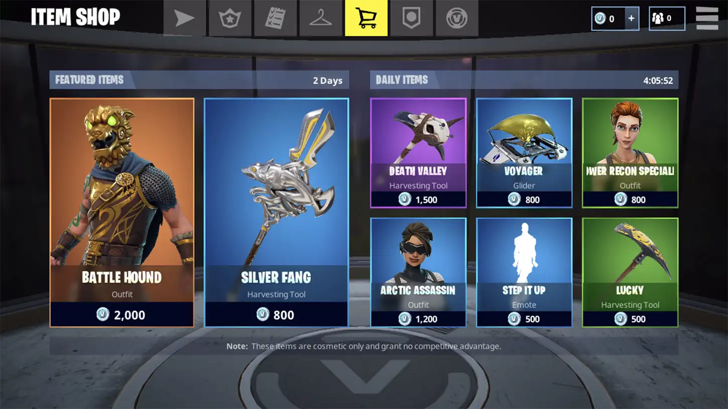 Screenshot of Fortnite's shop screen on mobile