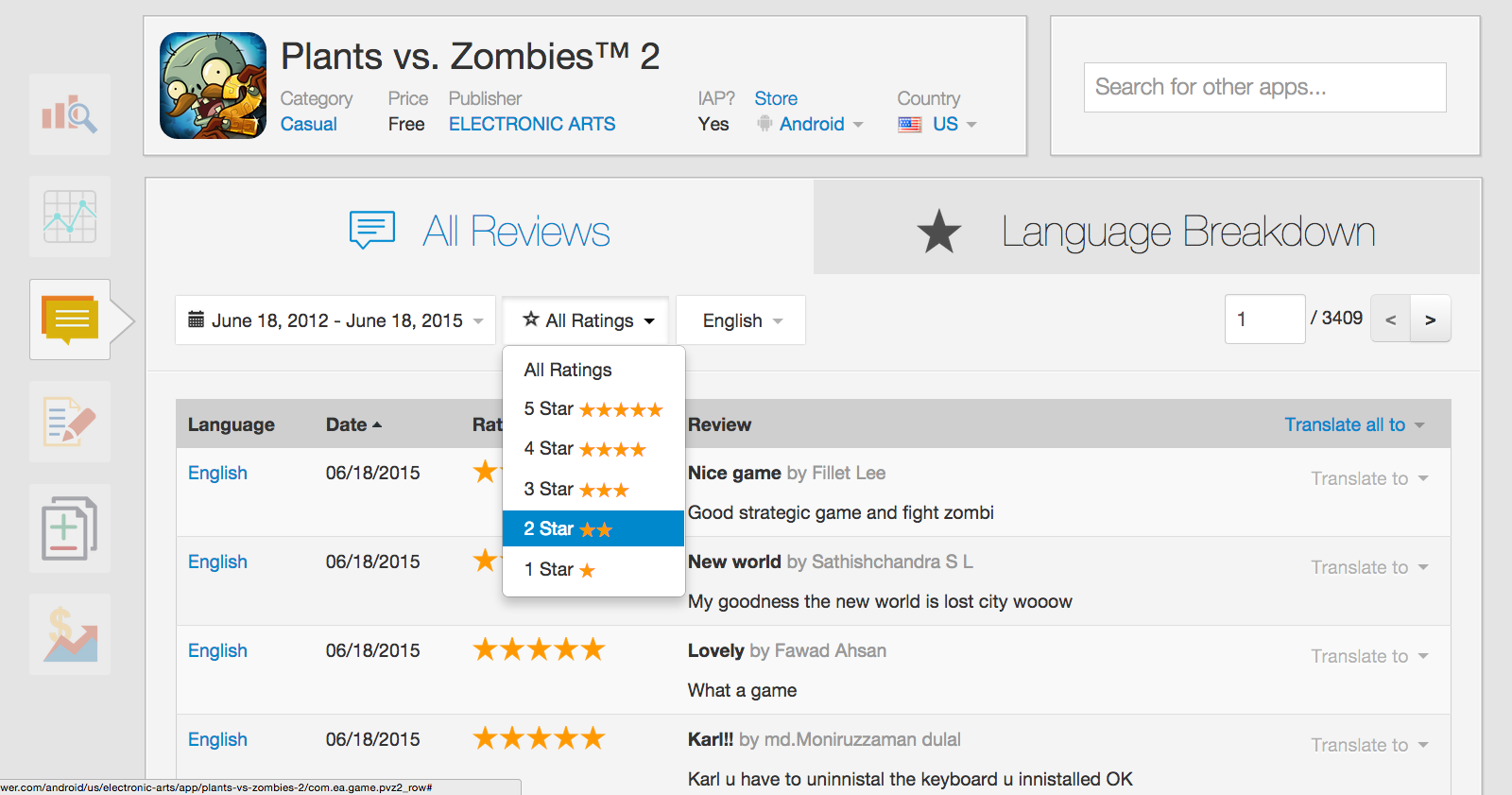 lt="Sensor Tower's Review History Module Compares Version Satisfaction Rates to an App's Lifetime Satisfaction Rates