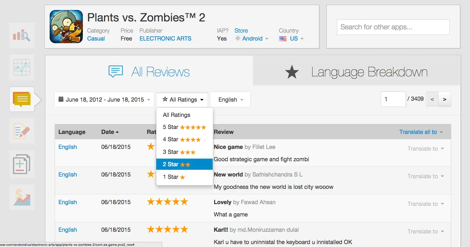 lt="Sensor Tower's Review History Module Compares Version Satisfaction Rates to an App's Lifetime Satisfaction Rates