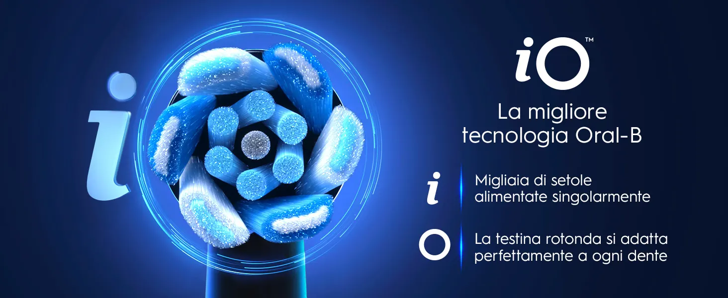 Tecnologia Oral-B iO con testina rotonda e setole blu che si adattano perfettamente ai denti. 