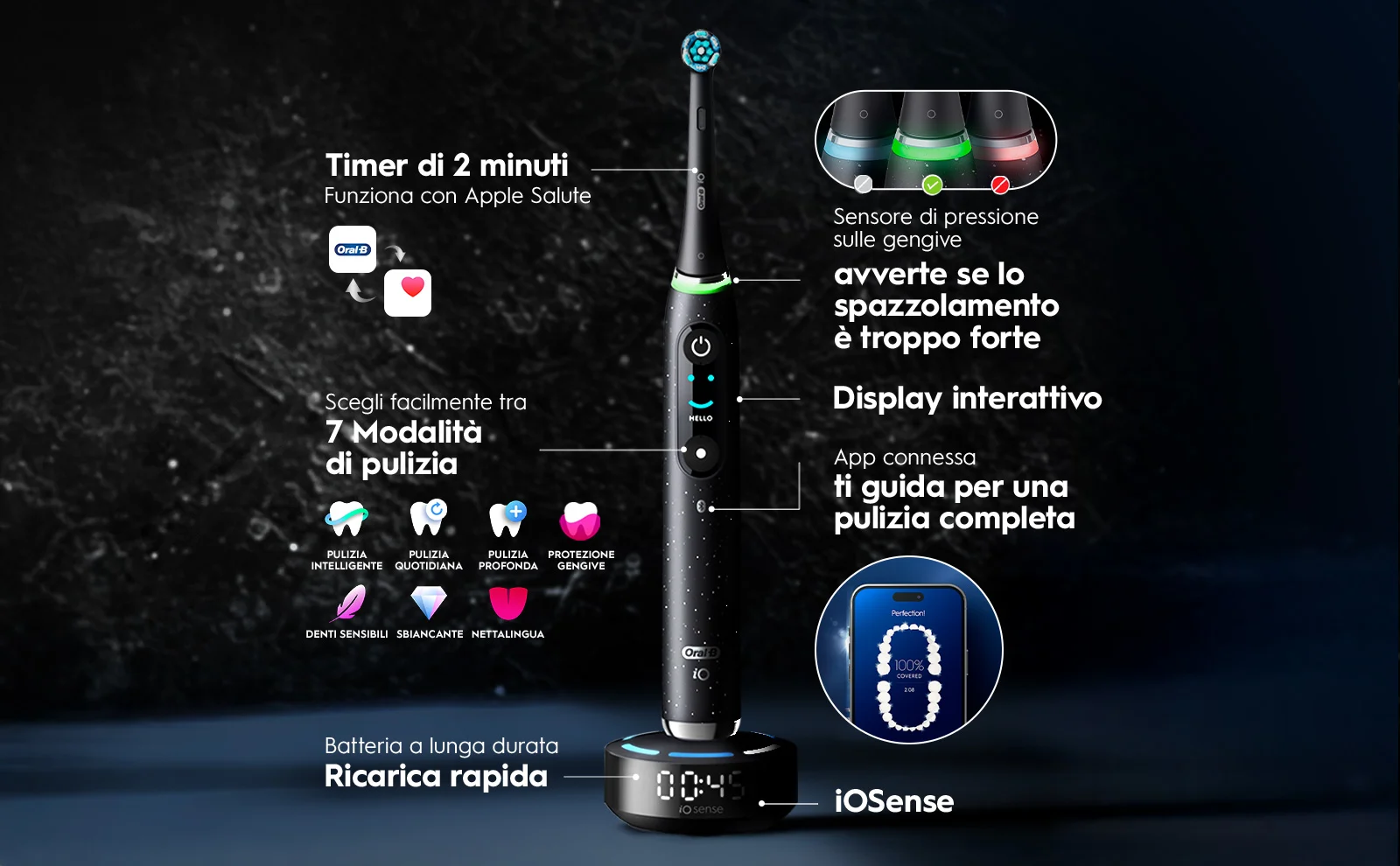 Spazzolino elettrico smart: 7 modalità, sensore pressione, display e app per pulizia guidata. 