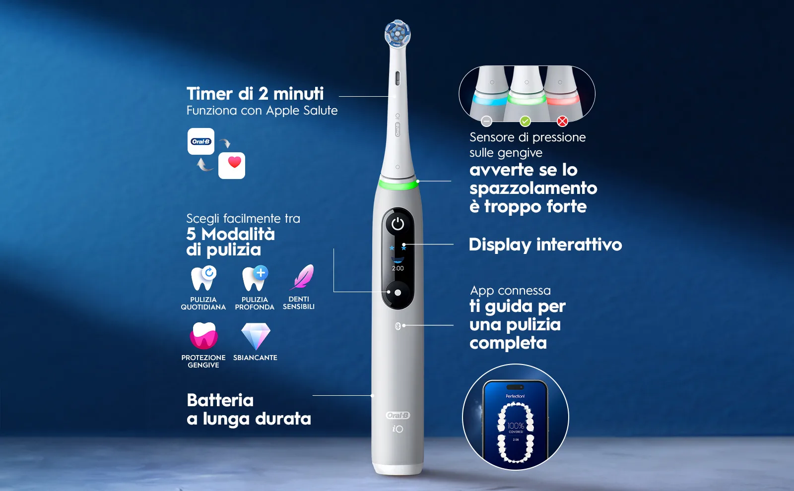 Spazzolino elettrico con timer, sensore pressione, display e app connessa per pulizia completa. 