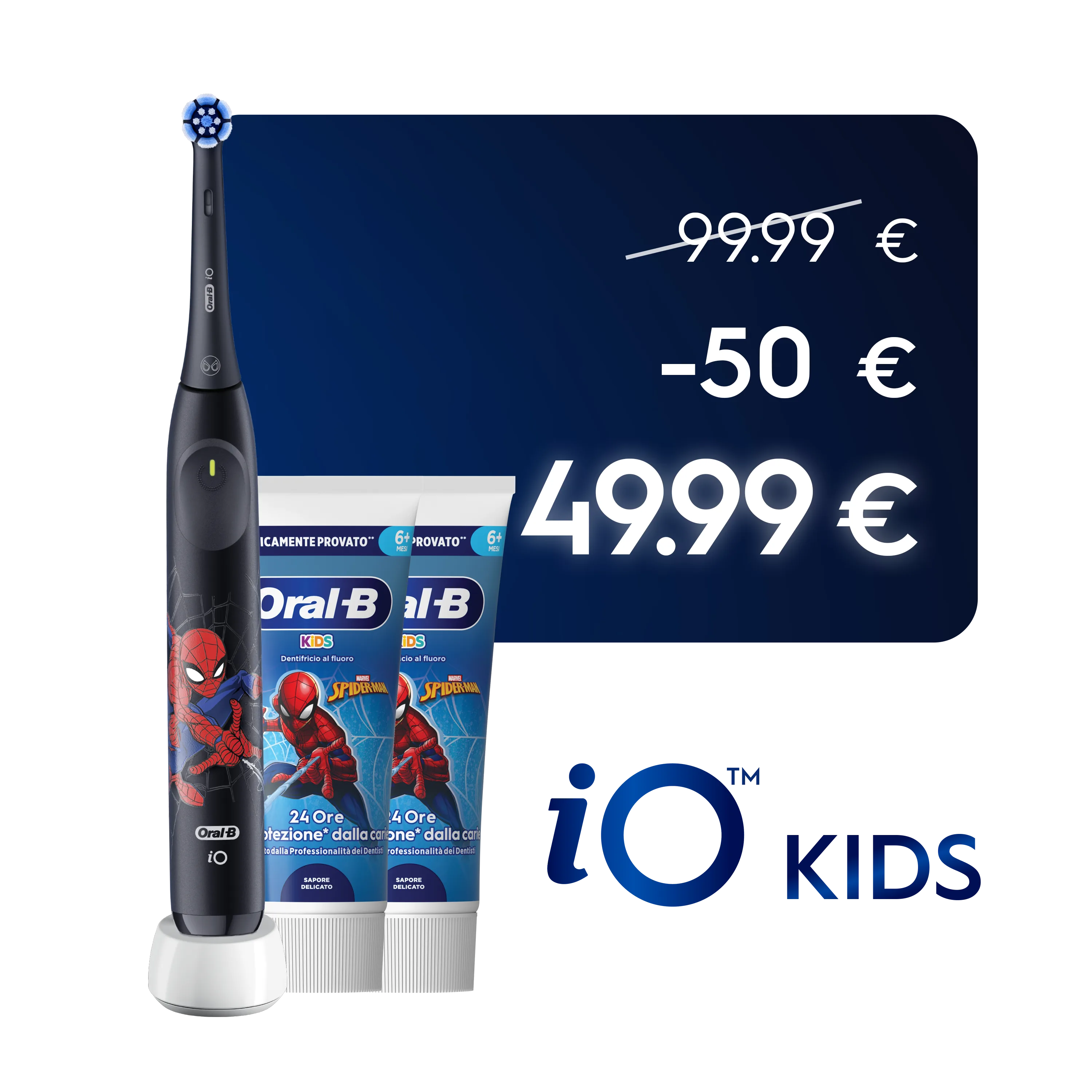 Spazzolino elettrico Oral-B iO Kids Spiderman, con confezione che indica "Tough on Cavities, Gentle on Gums" e custodia da viaggio nera.