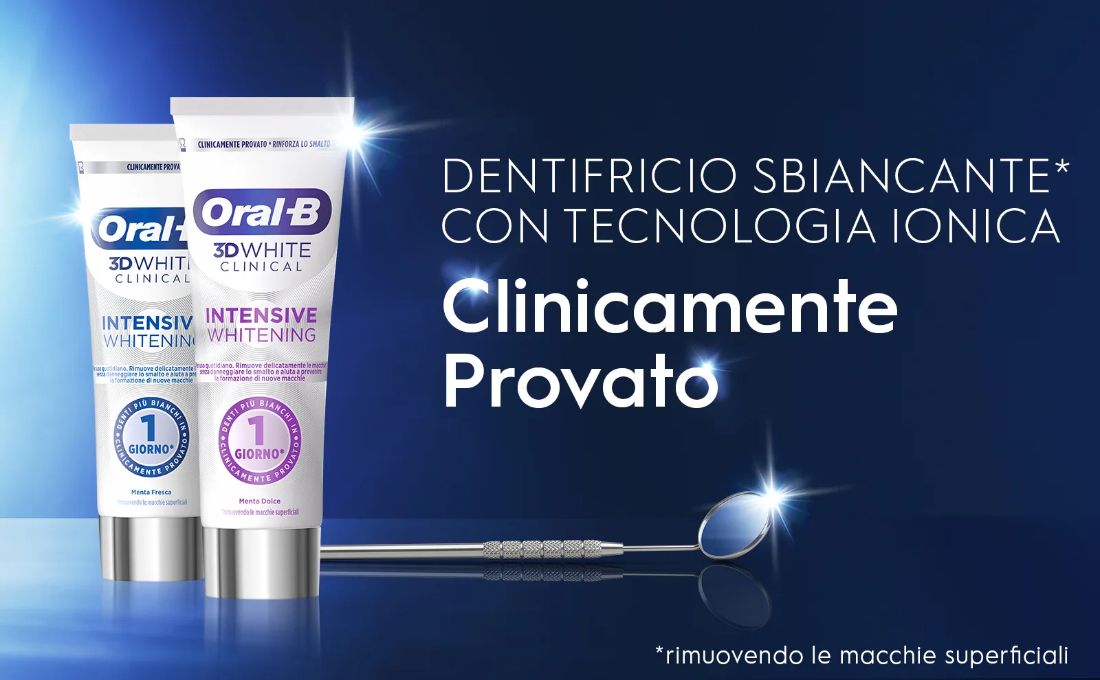 2 tubi di dentifricio Oral-B 3DWhite Clinico in verticale con uno specchio che mostra l'efficacia.													 