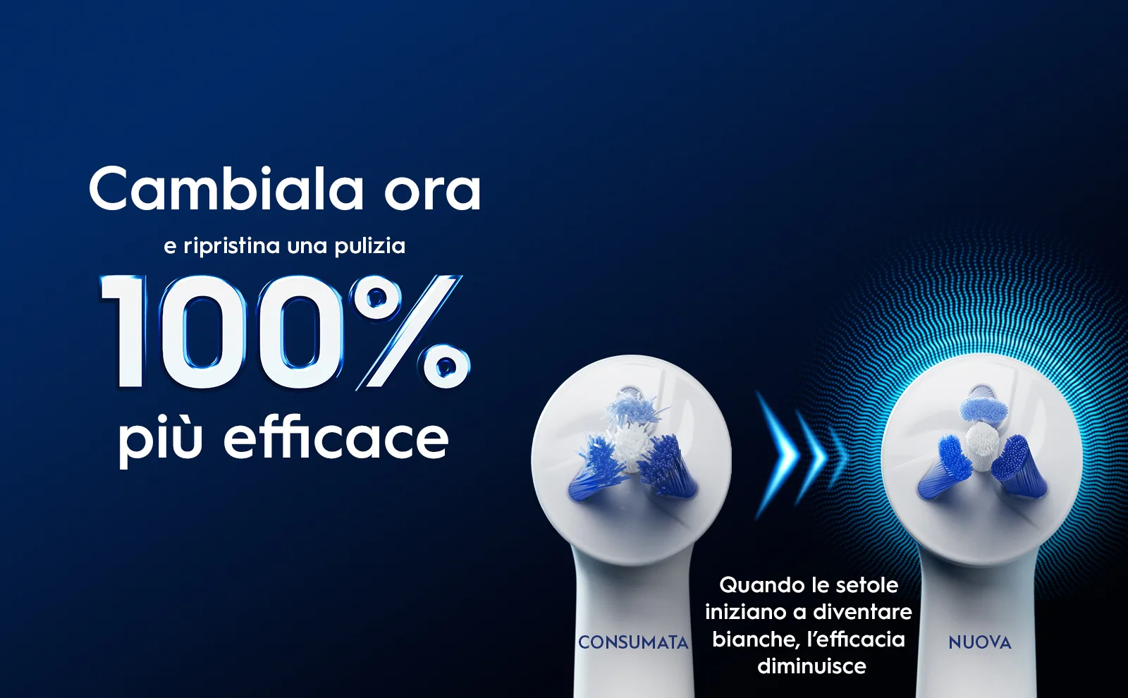 Testine Oral-B usate e nuove una accanto all’altra per illustrare quando è il momento di cambiarle.