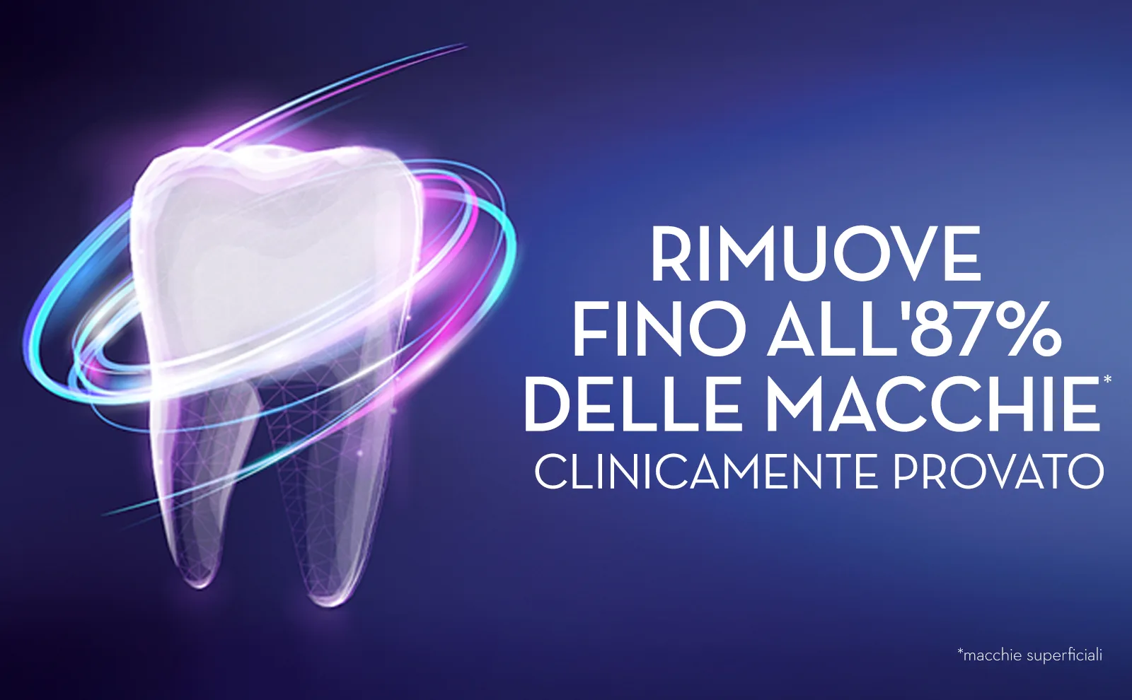 Un'icona astratta di dente circondata da raggi luminosi suggerisce l'effetto rimozione macchie. 