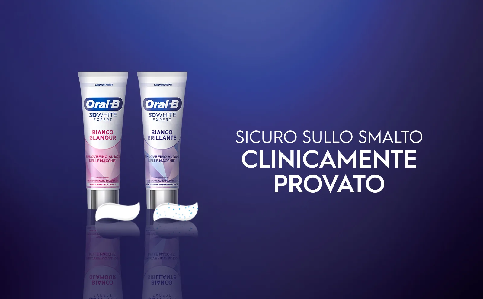 2 tubi di dentifricio Oral-B 3DWhite Advanced in verticale con un specchio che mostra l'efficacia.													 