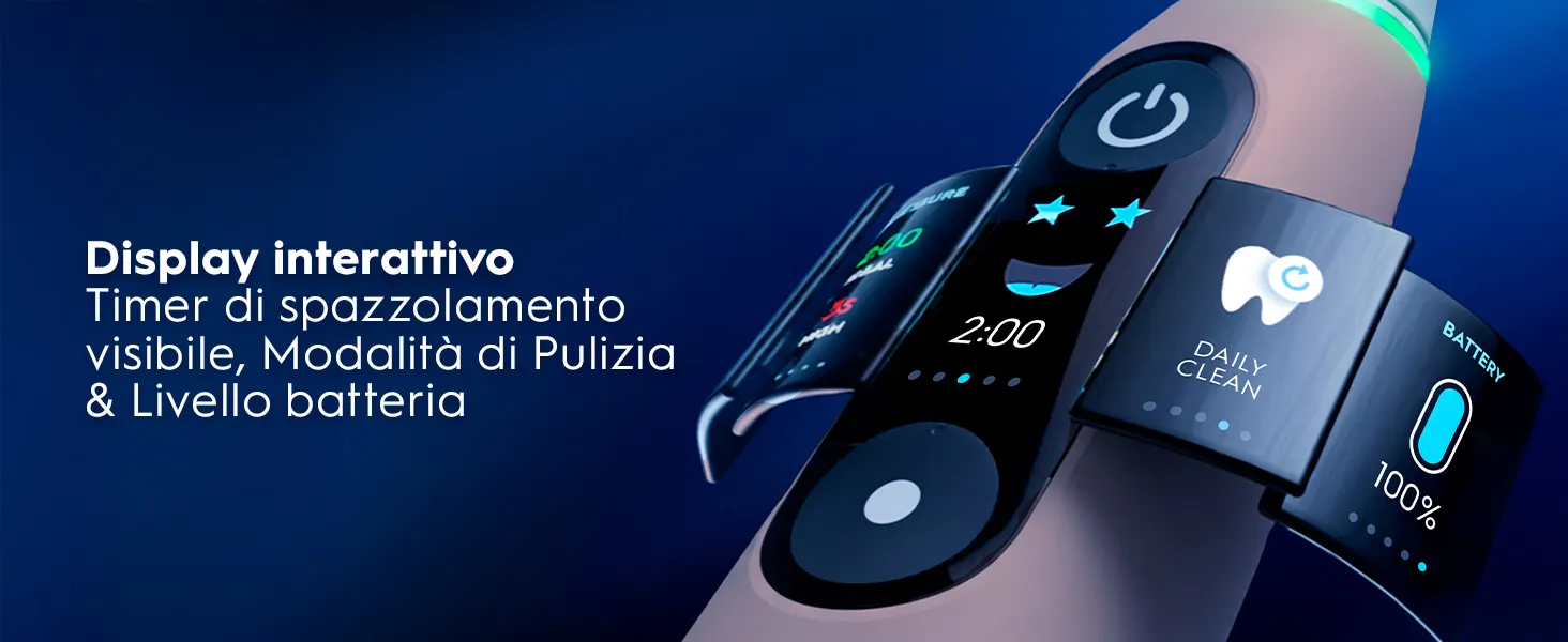 Display interattivo di un dispositivo di pulizia con timer, modalità e indicatore batteria al 100%. 