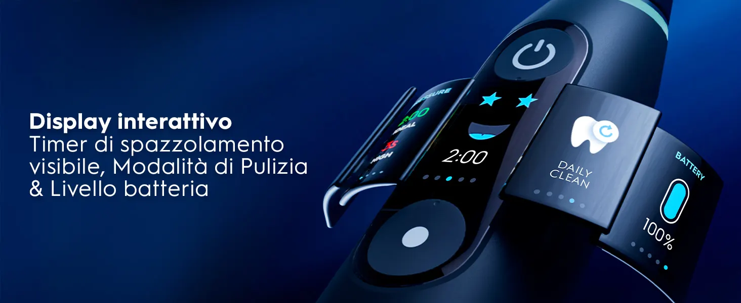 Display interattivo di un dispositivo di pulizia con timer, modalità e indicatore batteria al 100%.