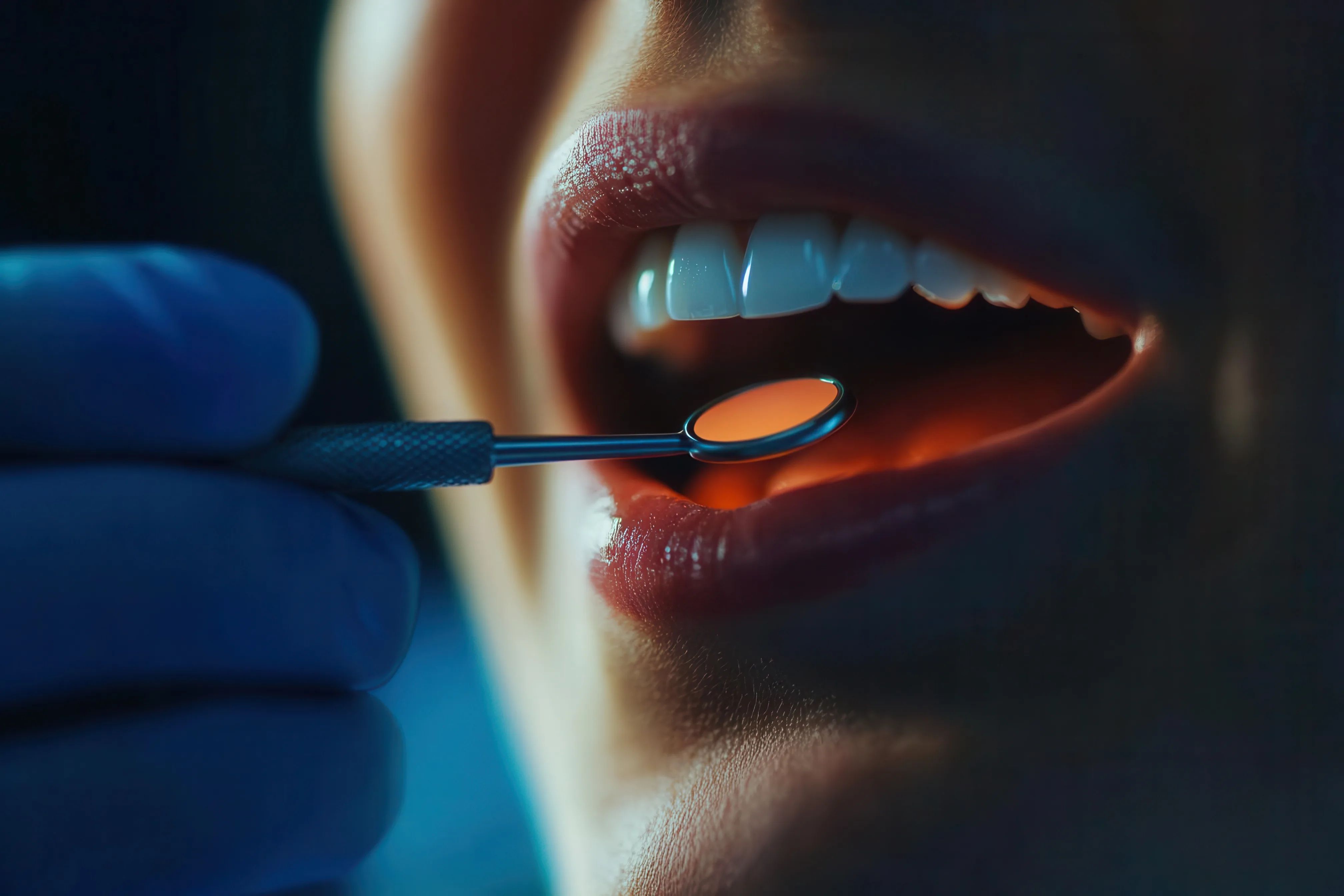 Immagine ravvicinata di un dentista che esamina la lingua di un paziente