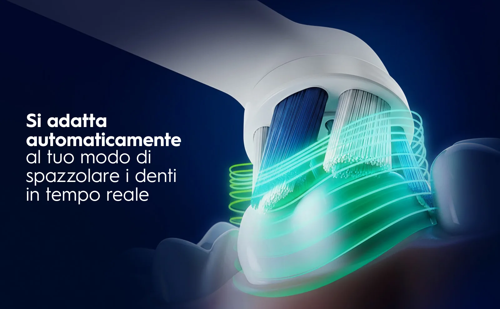 Spazzolino elettrico con setole illuminate che si adatta allo stile di spazzolamento. 