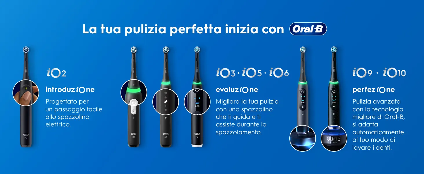 Serie di spazzolini elettrici Oral-B iO, dai modelli base ai più avanzati con tecnologia smart. 