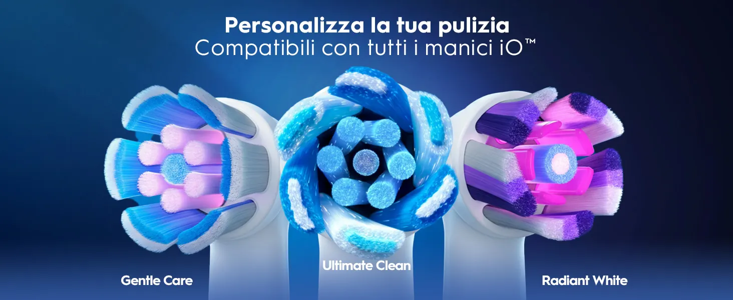 Testine di spazzolino elettrico in tre varianti: Gentle Care, Ultimate Clean e Radiant White. 