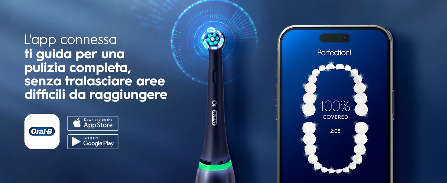 Spazzolino Oral-B con app che monitora la pulizia dentale, mostrando copertura 100% su smartphone. 