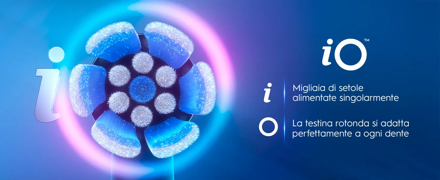 Testina rotonda iO con migliaia di setole blu e bianche che si adatta perfettamente ai denti.