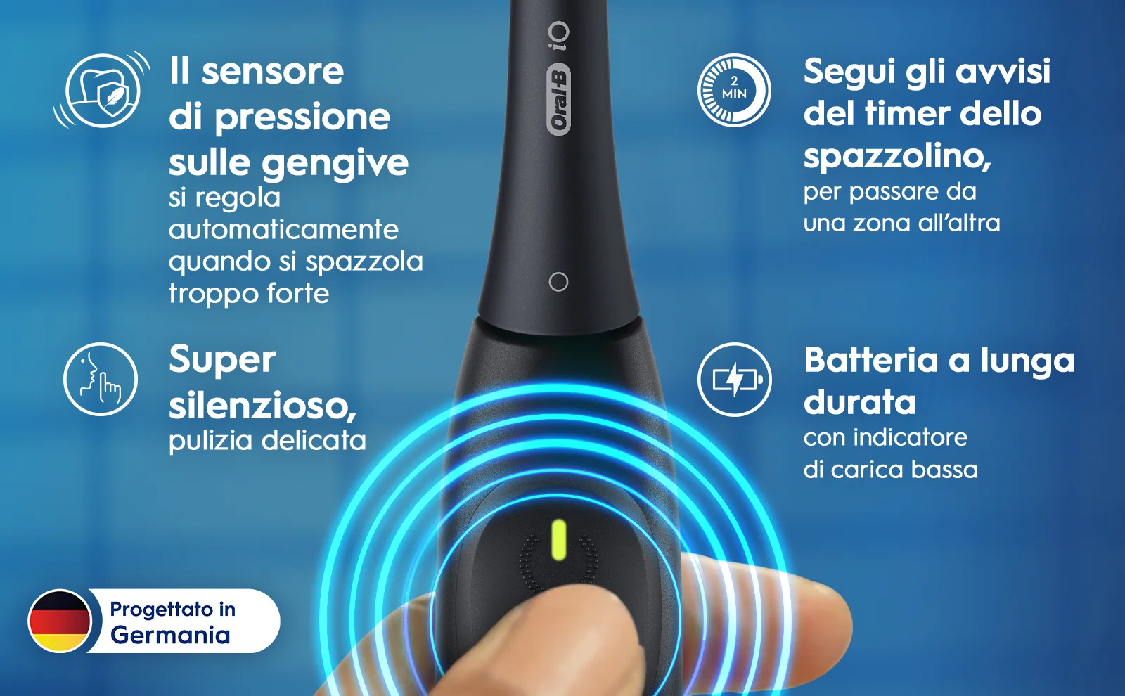 Manico Oral-B iO Series 2 con funzioni come il sensore di pressione sulle gengive.
