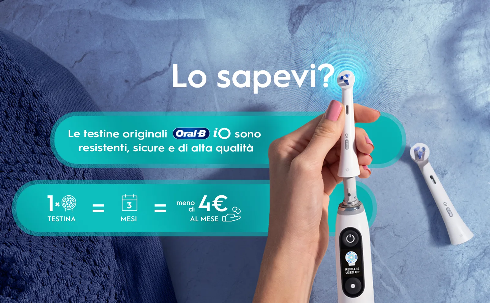 La testina Oral-B iO ha una durata di 3 mesi, per un costo inferiore a 4 € al mese.