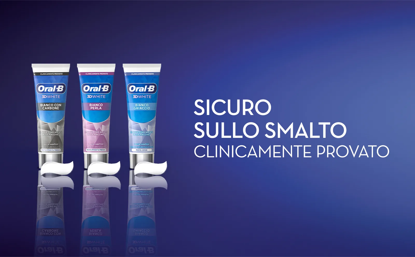 3 tubi di dentifricio Oral-B 3DWhite in verticale, mostrano un dentifricio sicuro per lo smalto. 