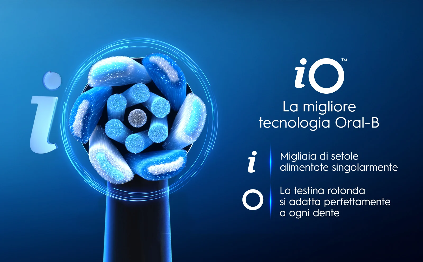 Testina rotonda dello spazzolino elettrico iO Oral-B con setole blu su sfondo blu scuro 