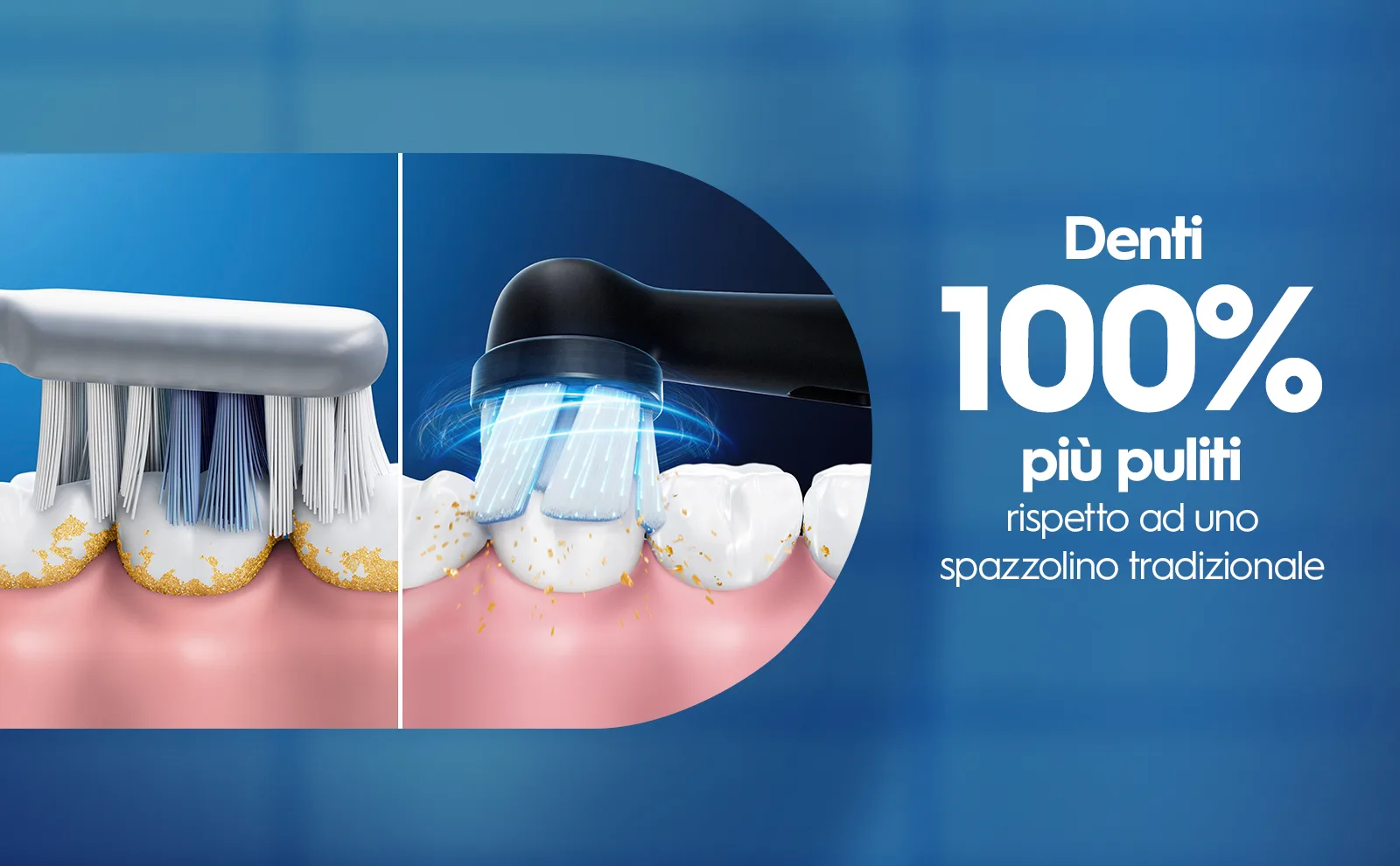 Vista affiancata di pulizia dei denti eseguita con spazzolino manuale ed elettrico.