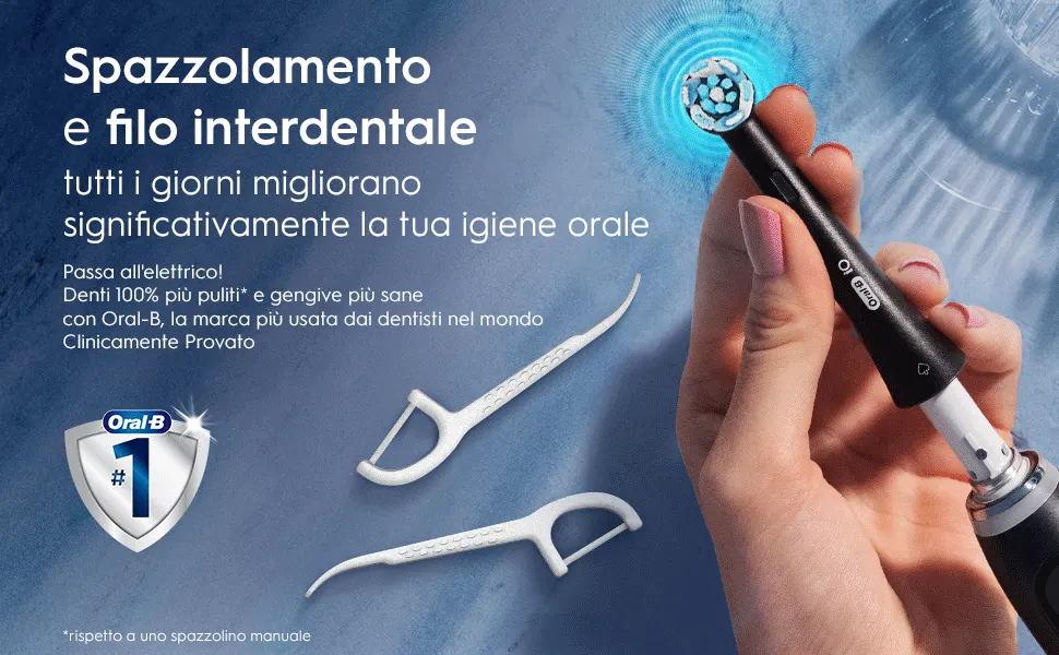 Oral-B electric toothbrush and floss tools with Italian text about daily oral hygiene 