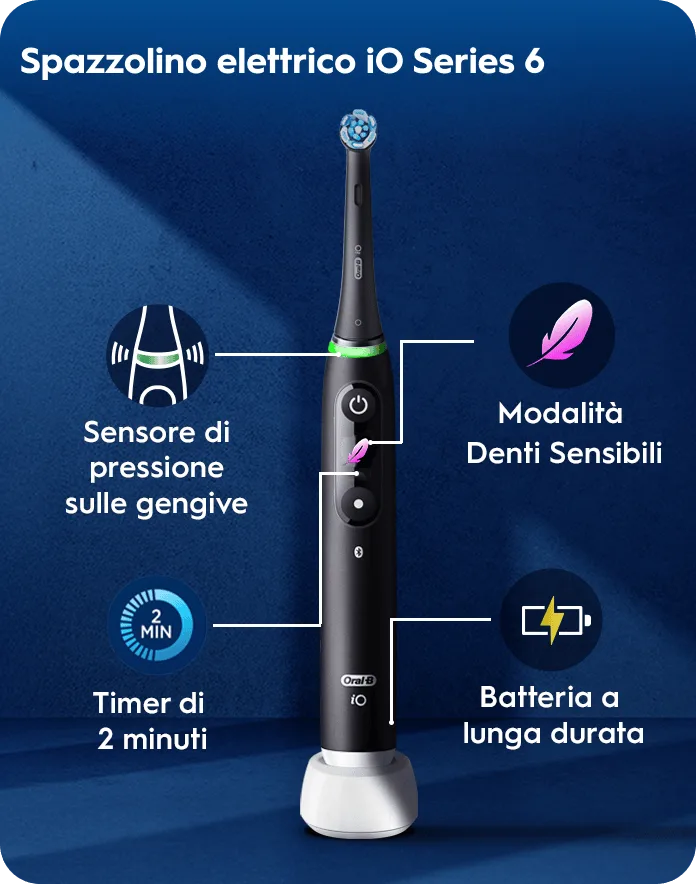 Oral-B iO Series 3 electric toothbrush with gentle care brush head, gum pressure sensor, long-lasting battery, and a 2-minute timer.