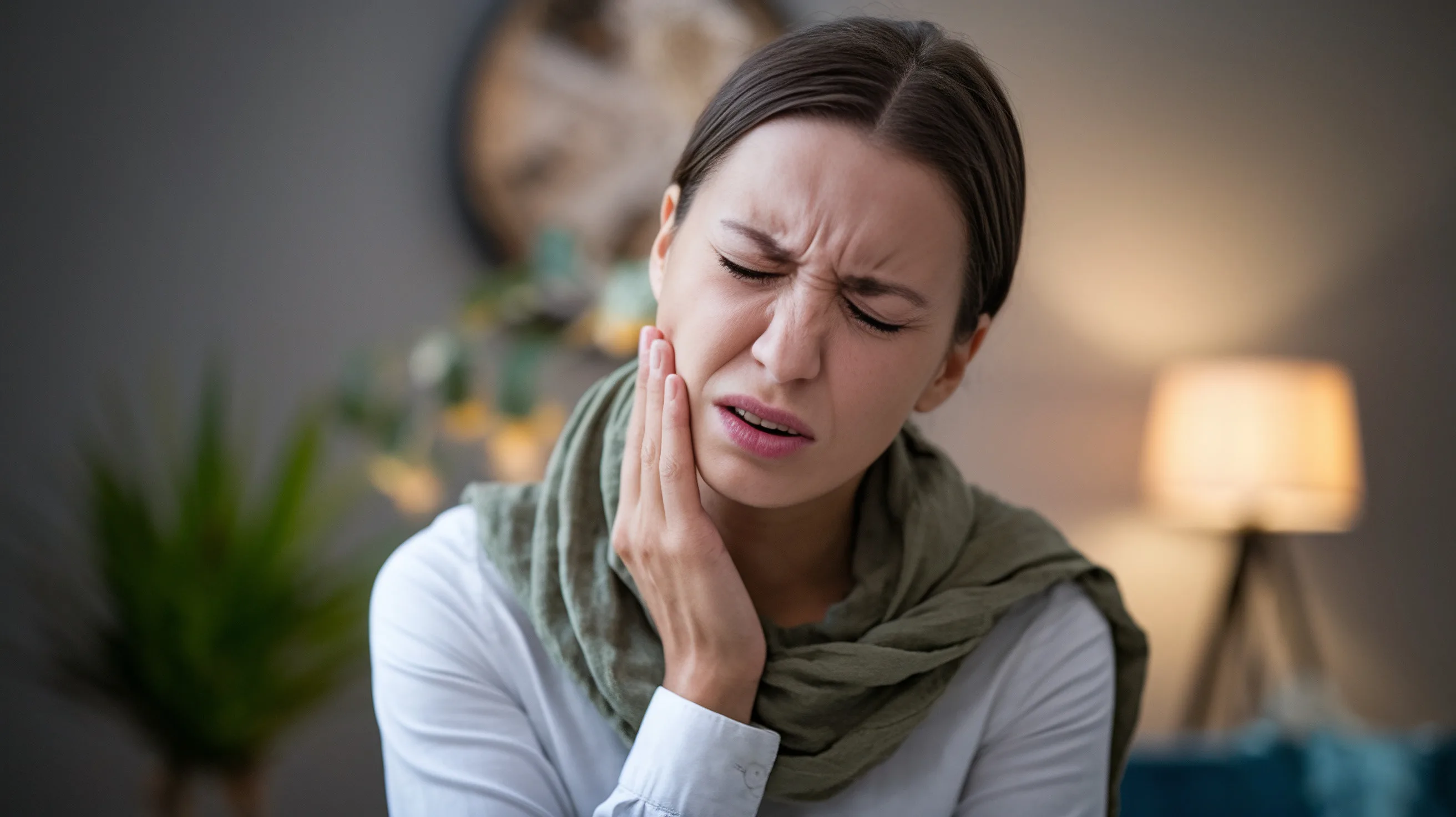 Donna con dolore da mal di denti che stringe la guancia