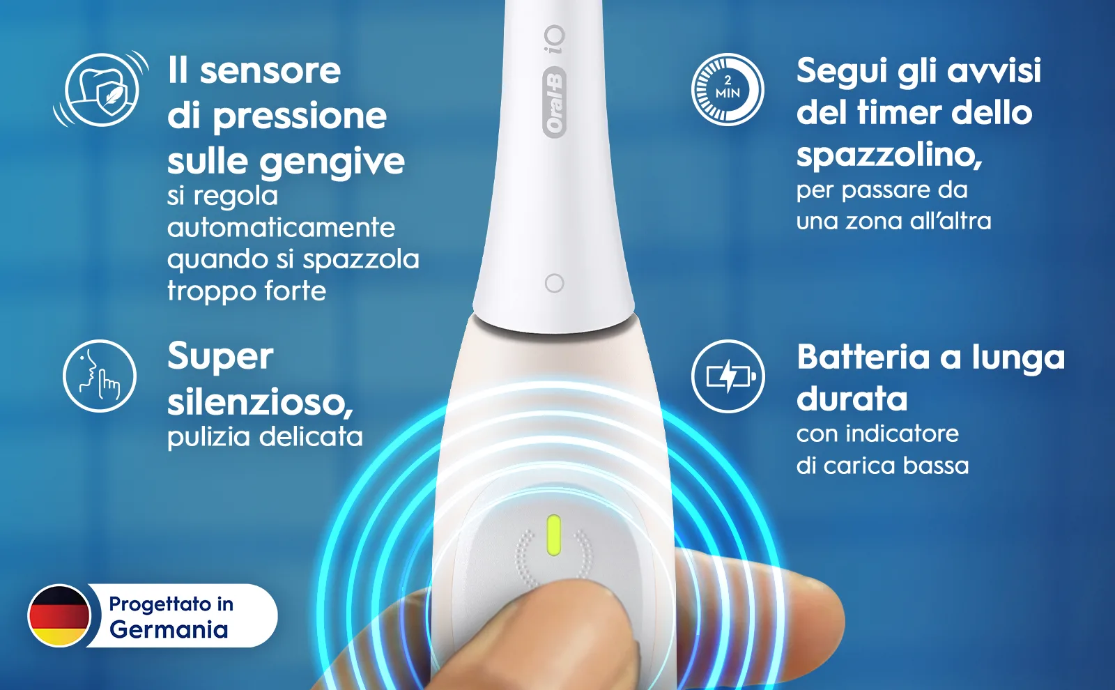 Manico Oral-B iO Series 2 con funzioni come il sensore di pressione sulle gengive. 