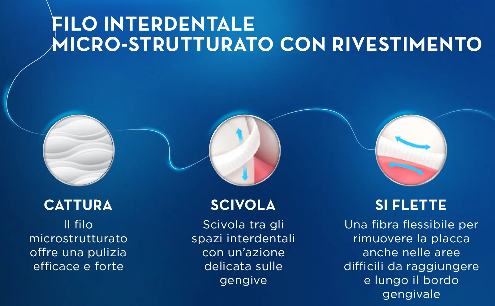 Immagini e testo spiegano come il filo cattura la placca, scivola e si flette tra i denti.													 
