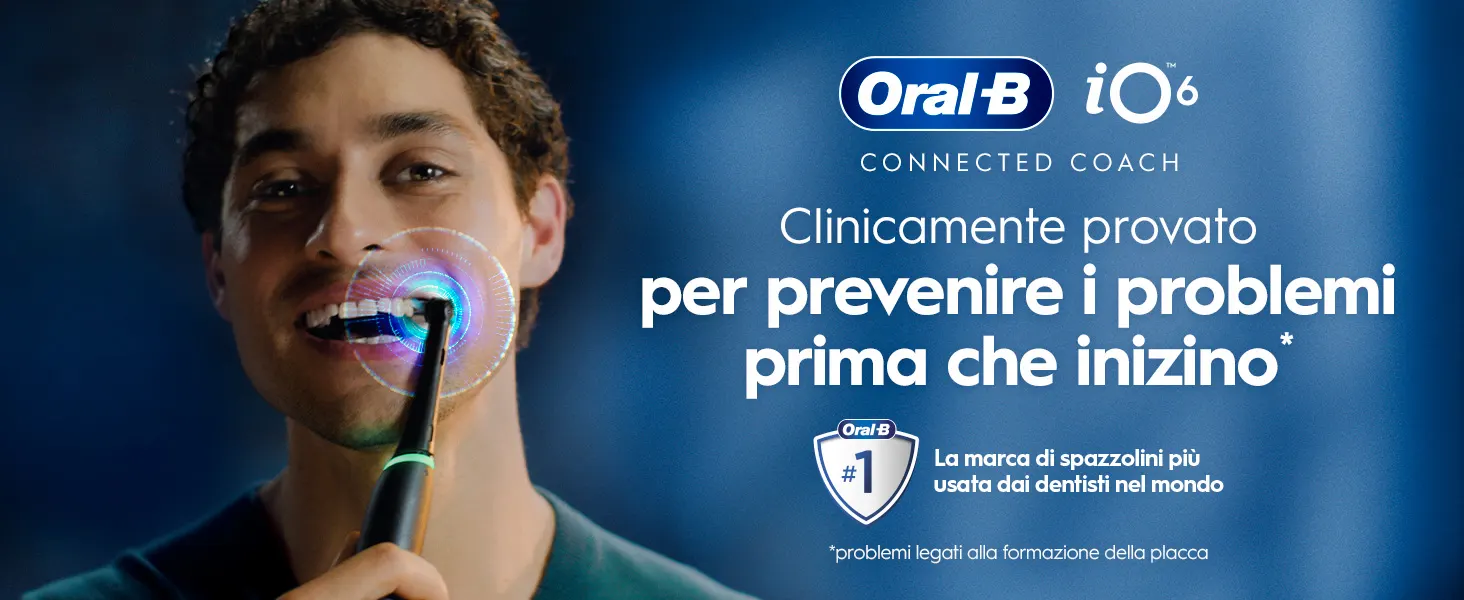 Pubblicità Oral-B iO6: spazzolino elettrico che previene problemi dentali prima che inizino.