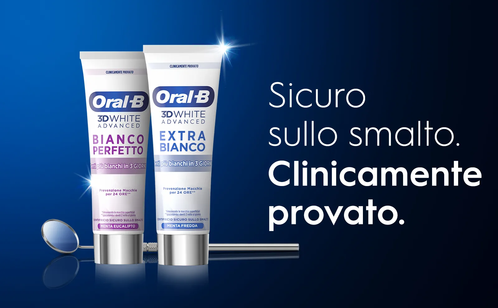 2 tubi di dentifricio Oral-B 3DWhite in verticale, che mostrano ingredienti clinicamente provati.	 